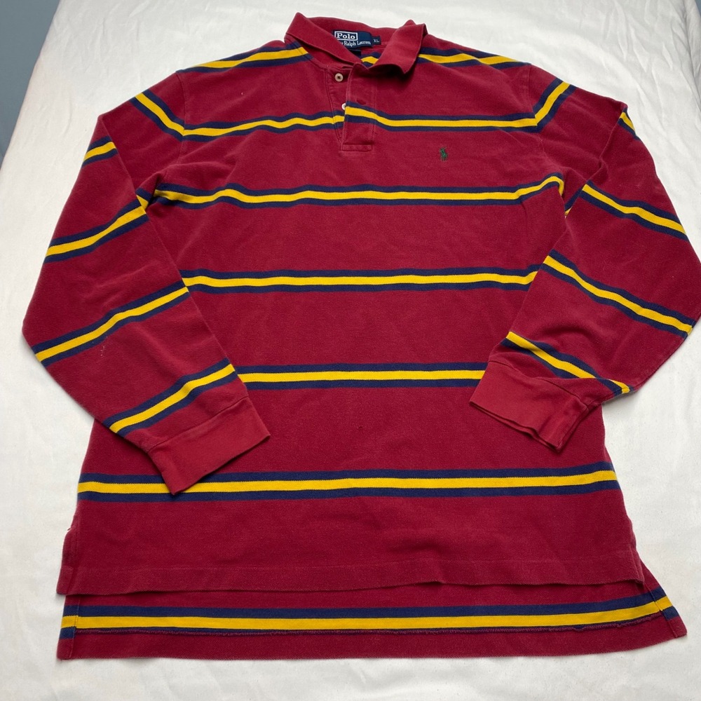 Polo Ralph Lauren Mens XL Long Sleeve Striped Pique Polo Shirt Red Navy Yellow